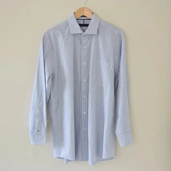 TOMMY HILFIGER Blue & White Long Sleeve Button-Down Shirt with Stripes Size L - Picture 1 of 5